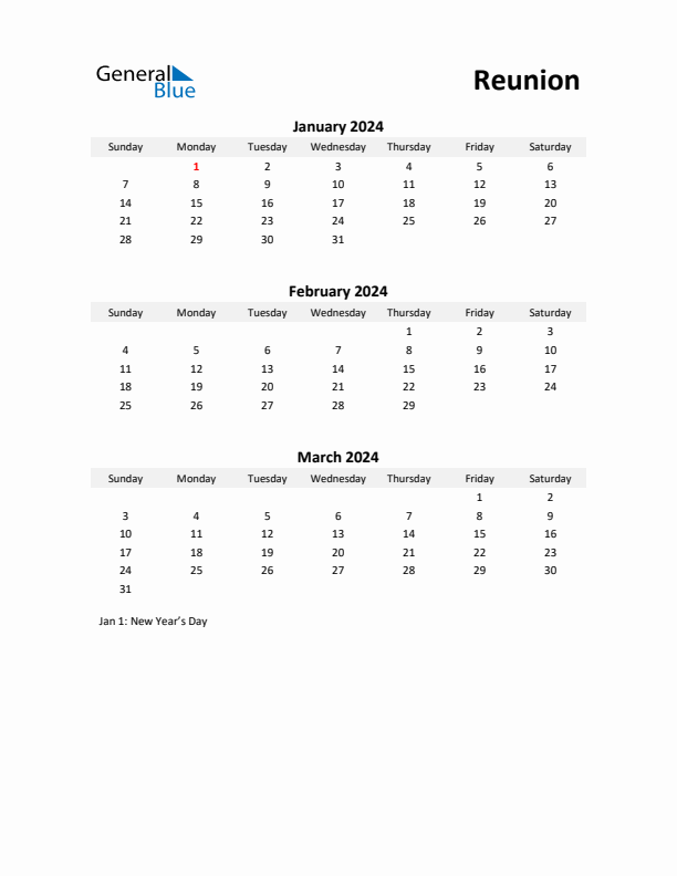 Printable Quarterly Calendar with Notes and Reunion Holidays- Q1 of 2024