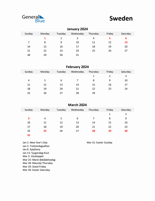 Printable Quarterly Calendar with Notes and Sweden Holidays- Q1 of 2024