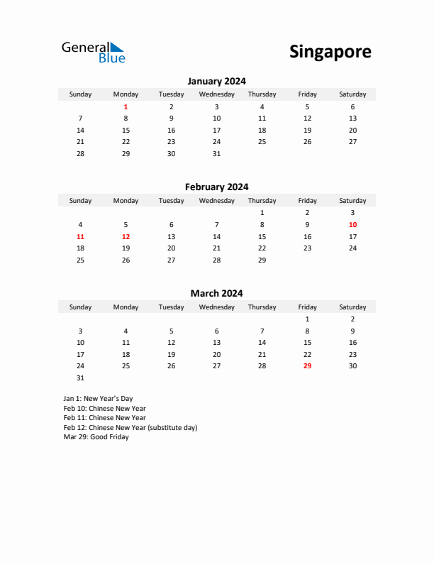 Printable Quarterly Calendar with Notes and Singapore Holidays- Q1 of 2024