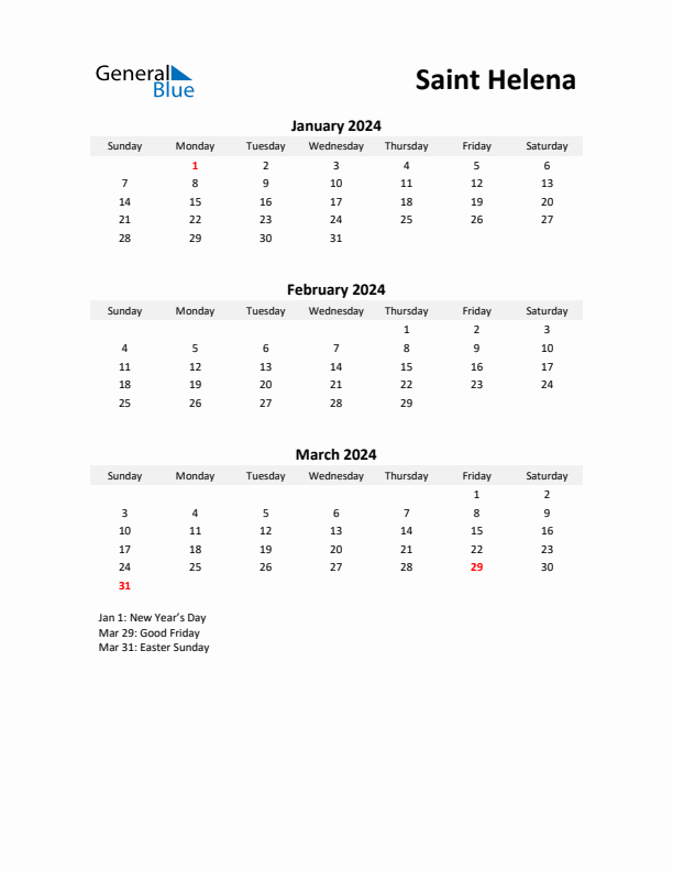 Printable Quarterly Calendar with Notes and Saint Helena Holidays- Q1 of 2024