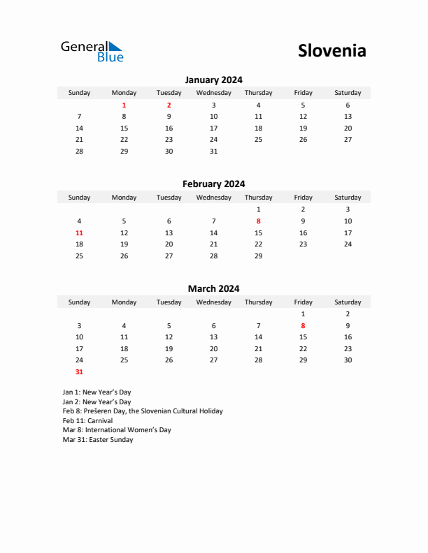 Printable Quarterly Calendar with Notes and Slovenia Holidays- Q1 of 2024