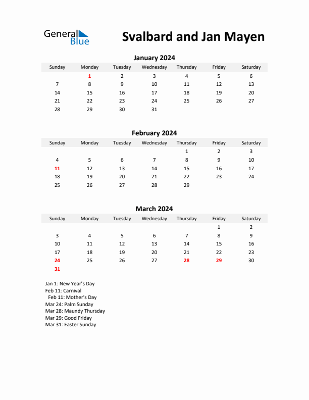 Printable Quarterly Calendar with Notes and Svalbard and Jan Mayen Holidays- Q1 of 2024