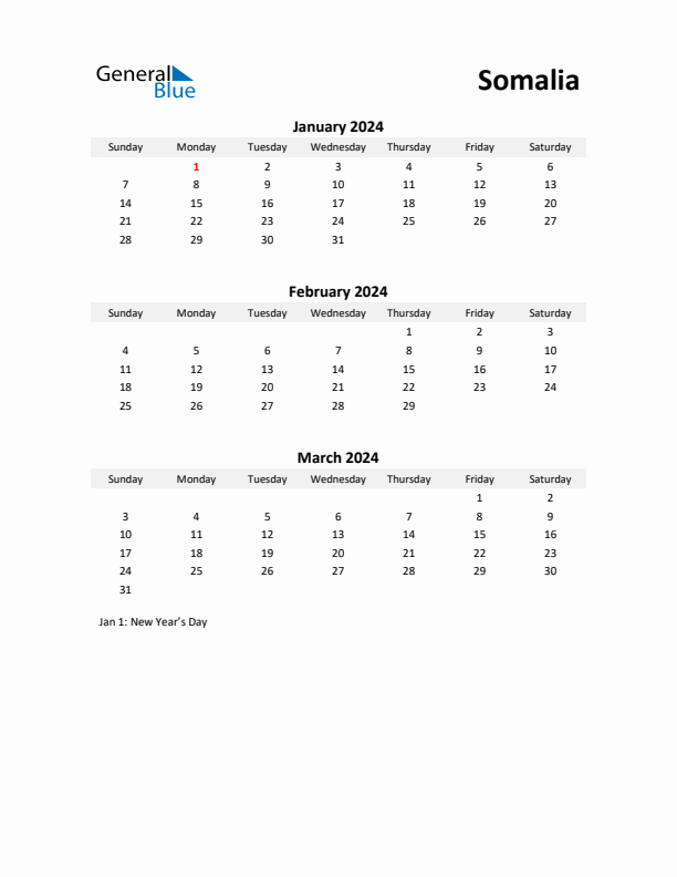 Printable Quarterly Calendar with Notes and Somalia Holidays- Q1 of 2024