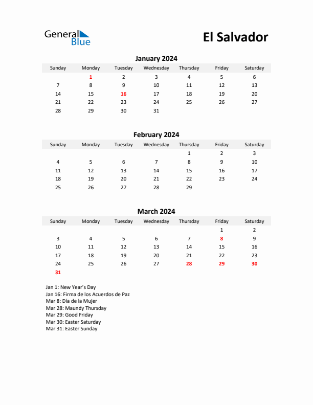 Printable Quarterly Calendar with Notes and El Salvador Holidays- Q1 of 2024