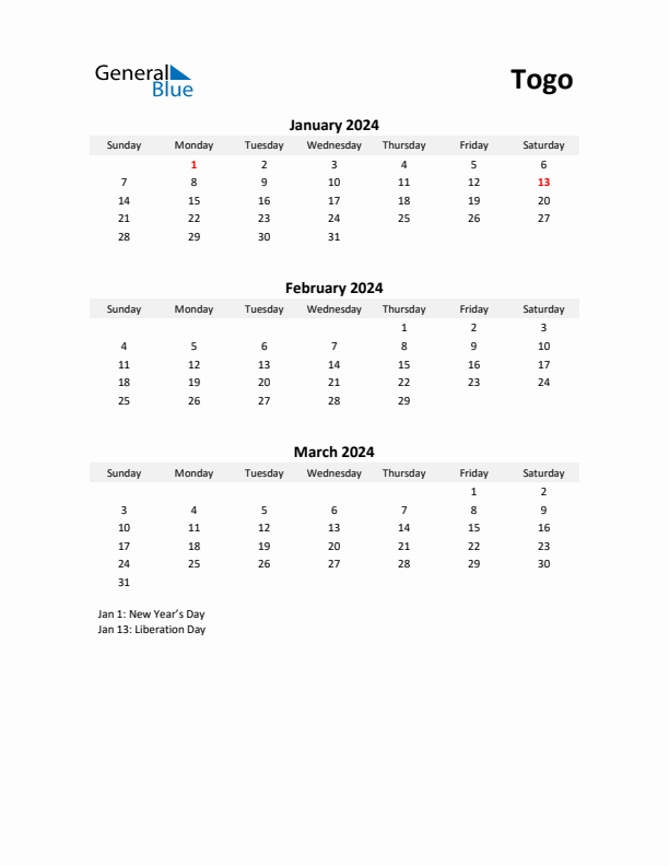 Printable Quarterly Calendar with Notes and Togo Holidays- Q1 of 2024