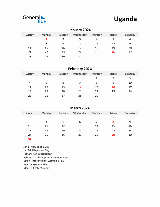 Printable Quarterly Calendar with Notes and Uganda Holidays- Q1 of 2024