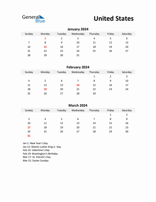 Printable Quarterly Calendar with Notes and United States Holidays- Q1 of 2024