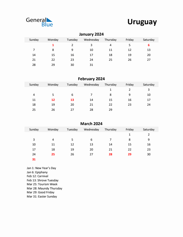 Printable Quarterly Calendar with Notes and Uruguay Holidays- Q1 of 2024