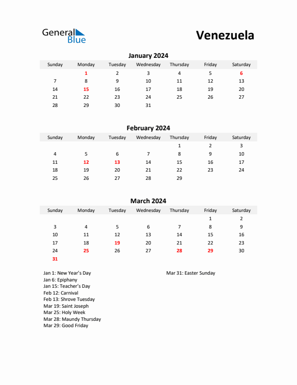 Printable Quarterly Calendar with Notes and Venezuela Holidays- Q1 of 2024