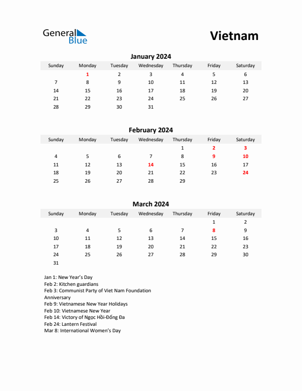 Printable Quarterly Calendar with Notes and Vietnam Holidays- Q1 of 2024