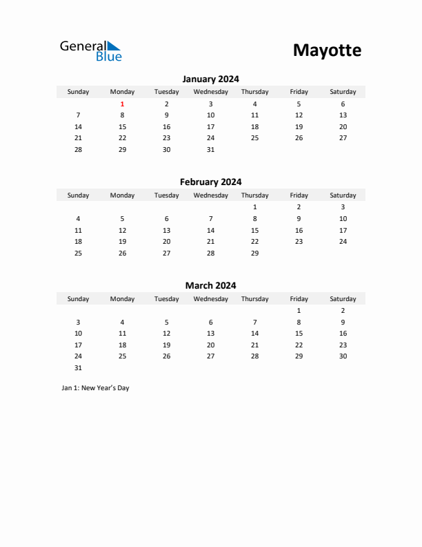 Printable Quarterly Calendar with Notes and Mayotte Holidays- Q1 of 2024