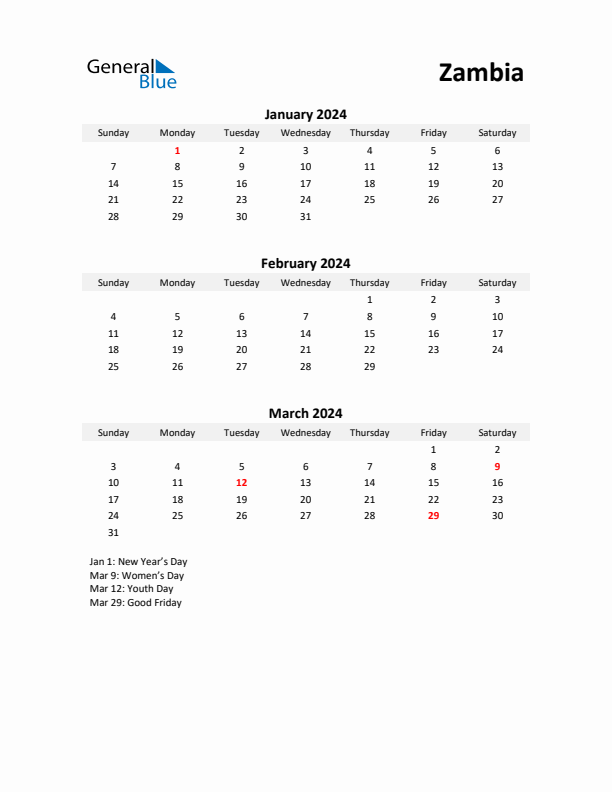 Printable Quarterly Calendar with Notes and Zambia Holidays- Q1 of 2024