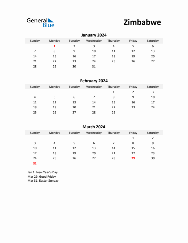 Printable Quarterly Calendar with Notes and Zimbabwe Holidays- Q1 of 2024