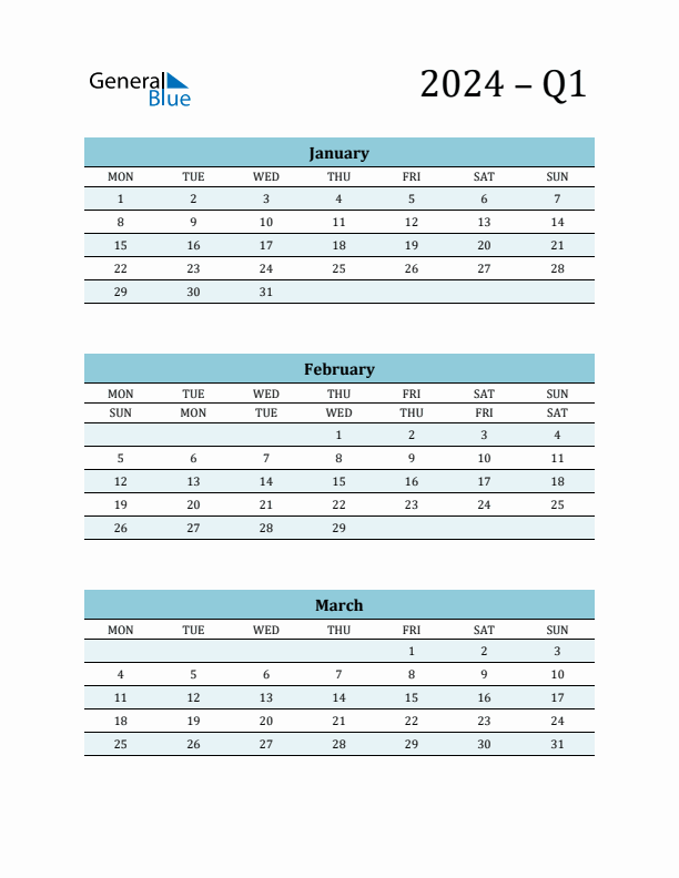 January, February, and March 2024 Calendar