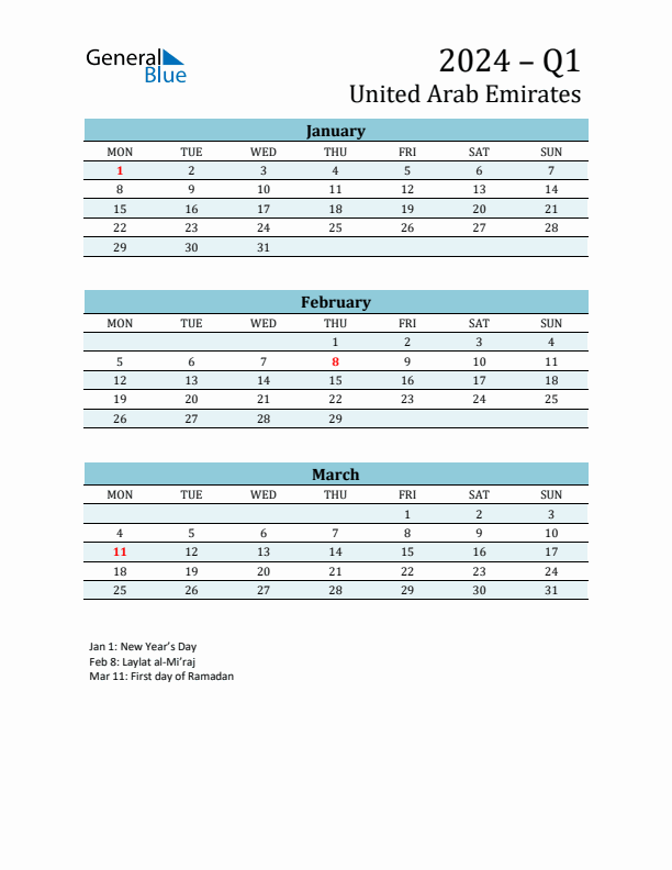 Three-Month Planner for Q1 2024 with Holidays - United Arab Emirates