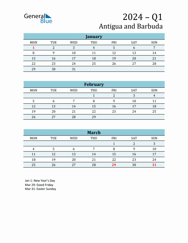 Three-Month Planner for Q1 2024 with Holidays - Antigua and Barbuda