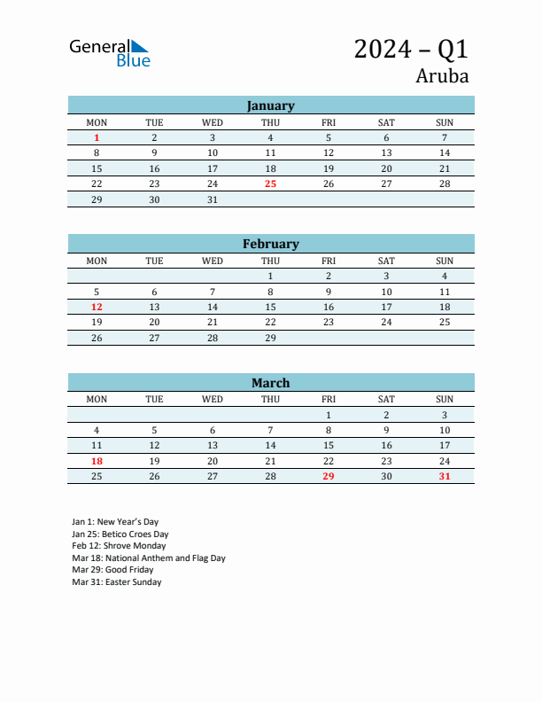 Three-Month Planner for Q1 2024 with Holidays - Aruba