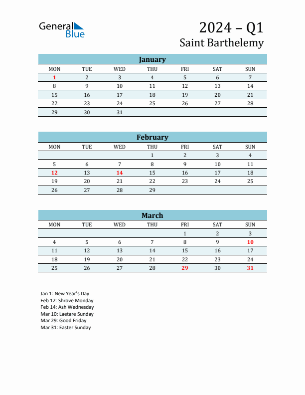 Three-Month Planner for Q1 2024 with Holidays - Saint Barthelemy