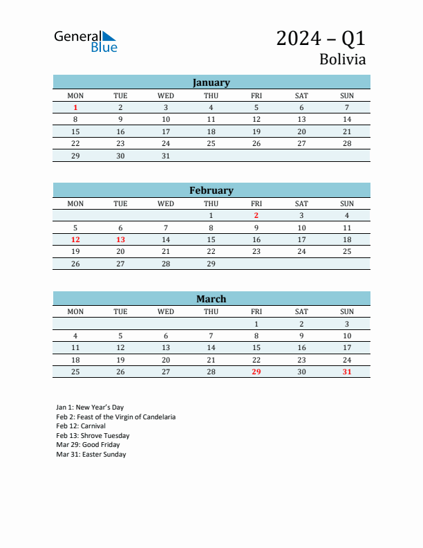 Three-Month Planner for Q1 2024 with Holidays - Bolivia