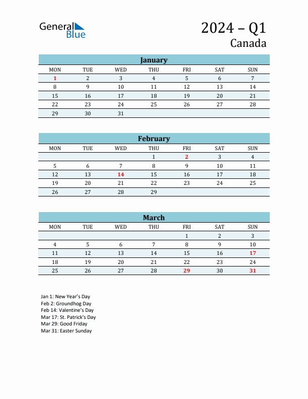 Three-Month Planner for Q1 2024 with Holidays - Canada