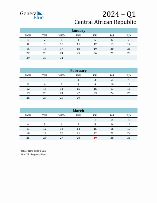 Three-Month Planner for Q1 2024 with Holidays - Central African Republic