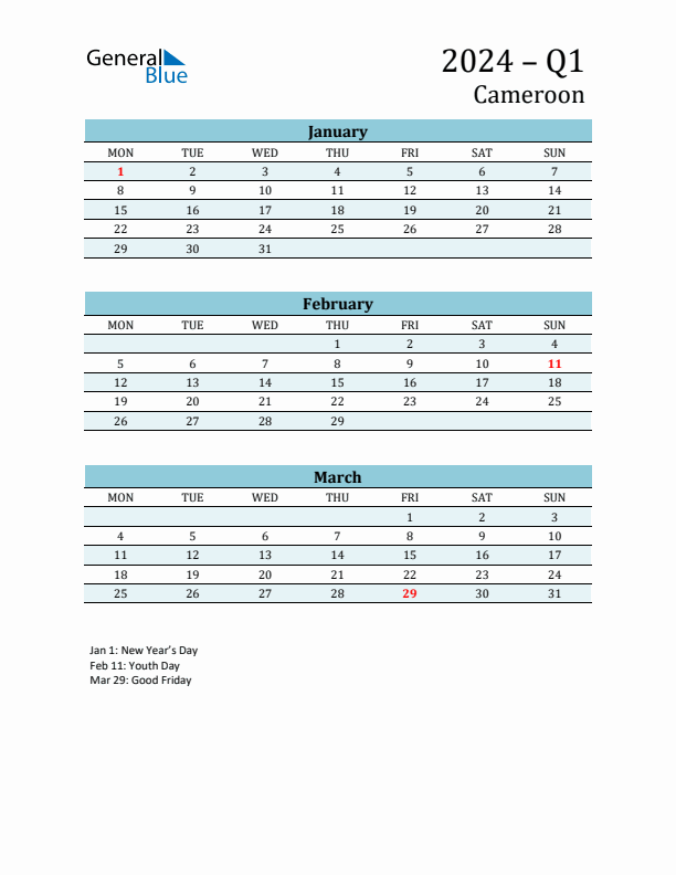 Three-Month Planner for Q1 2024 with Holidays - Cameroon