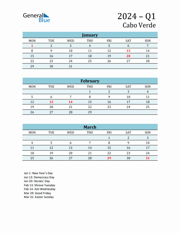 Three-Month Planner for Q1 2024 with Holidays - Cabo Verde