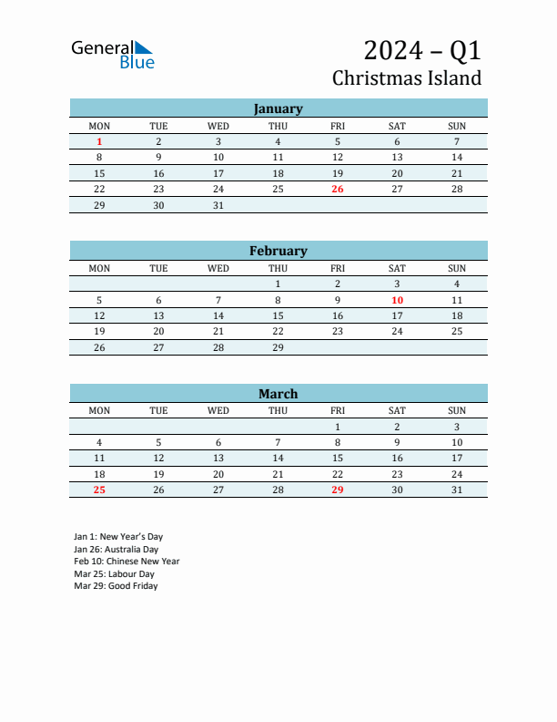 Three-Month Planner for Q1 2024 with Holidays - Christmas Island