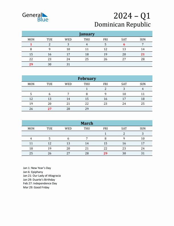 Three-Month Planner for Q1 2024 with Holidays - Dominican Republic