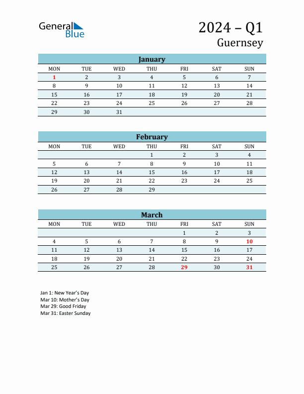 Three-Month Planner for Q1 2024 with Holidays - Guernsey