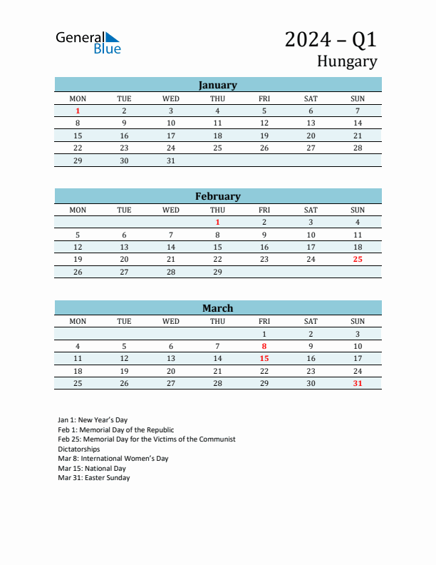 Three-Month Planner for Q1 2024 with Holidays - Hungary