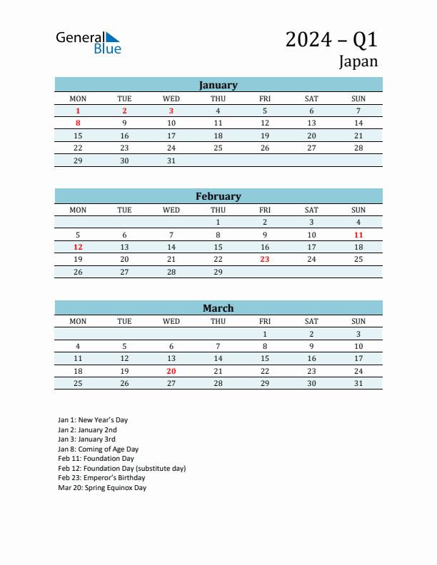 Three-Month Planner for Q1 2024 with Holidays - Japan