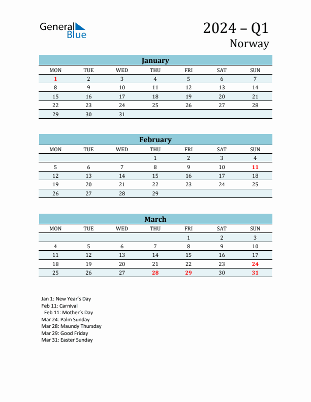 Three-Month Planner for Q1 2024 with Holidays - Norway