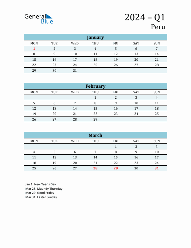 Three-Month Planner for Q1 2024 with Holidays - Peru