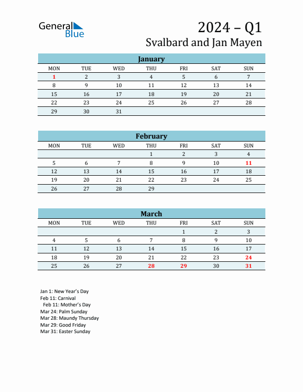 Three-Month Planner for Q1 2024 with Holidays - Svalbard and Jan Mayen