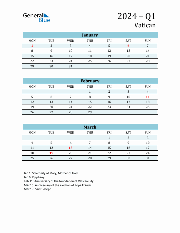 Three-Month Planner for Q1 2024 with Holidays - Vatican