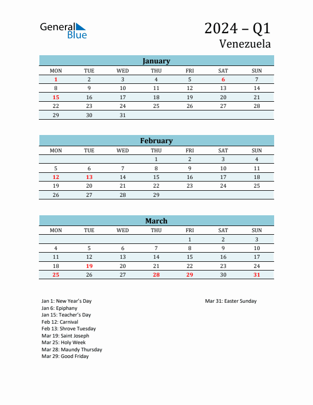 Three-Month Planner for Q1 2024 with Holidays - Venezuela