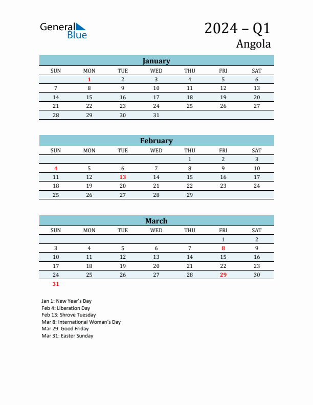 Three-Month Planner for Q1 2024 with Holidays - Angola