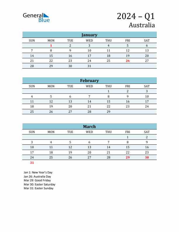 Three-Month Planner for Q1 2024 with Holidays - Australia