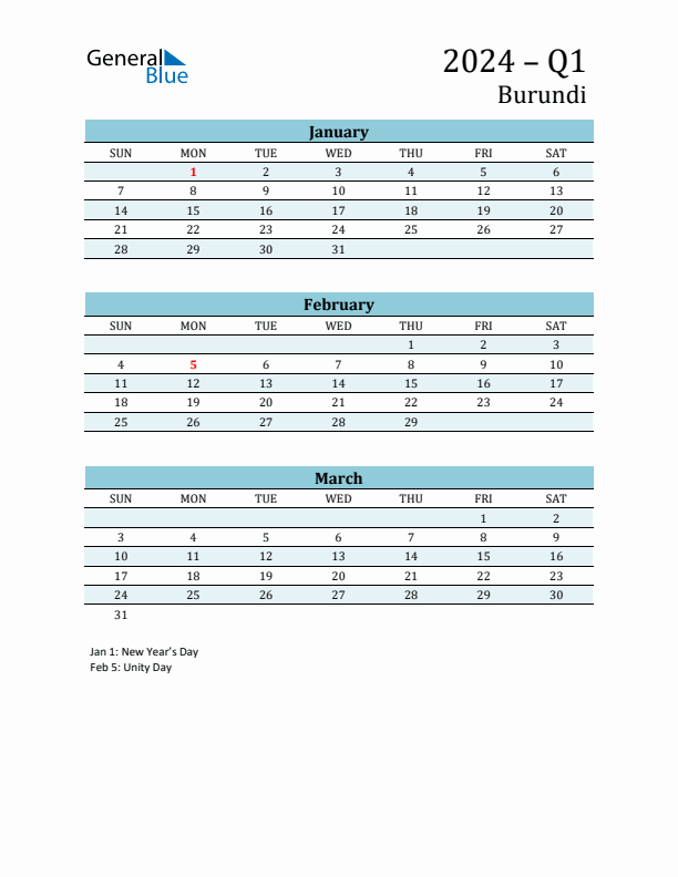 Three-Month Planner for Q1 2024 with Holidays - Burundi