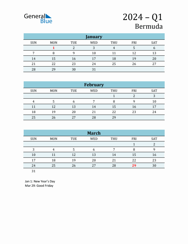 Three-Month Planner for Q1 2024 with Holidays - Bermuda