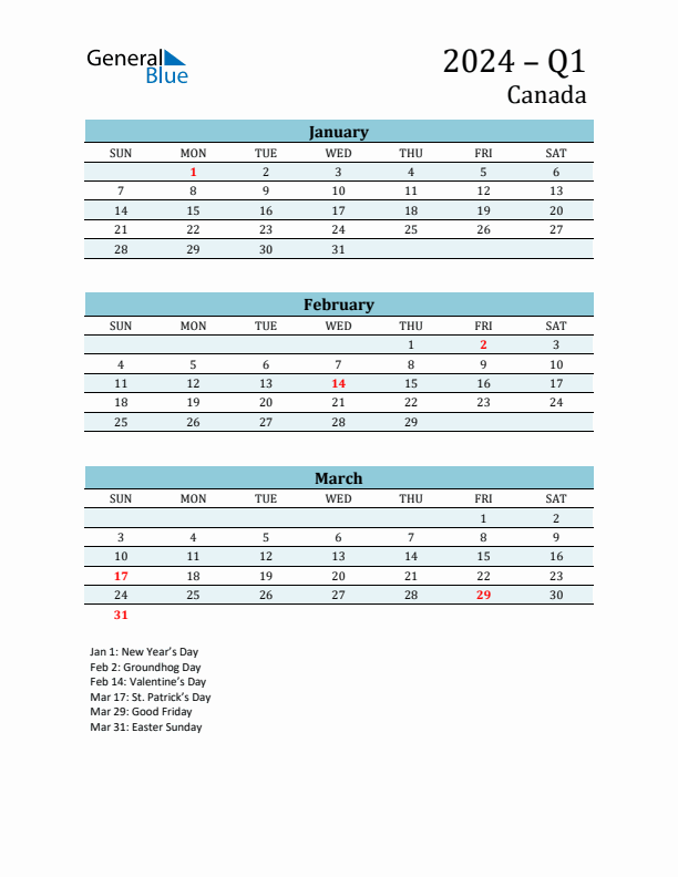 Three-Month Planner for Q1 2024 with Holidays - Canada