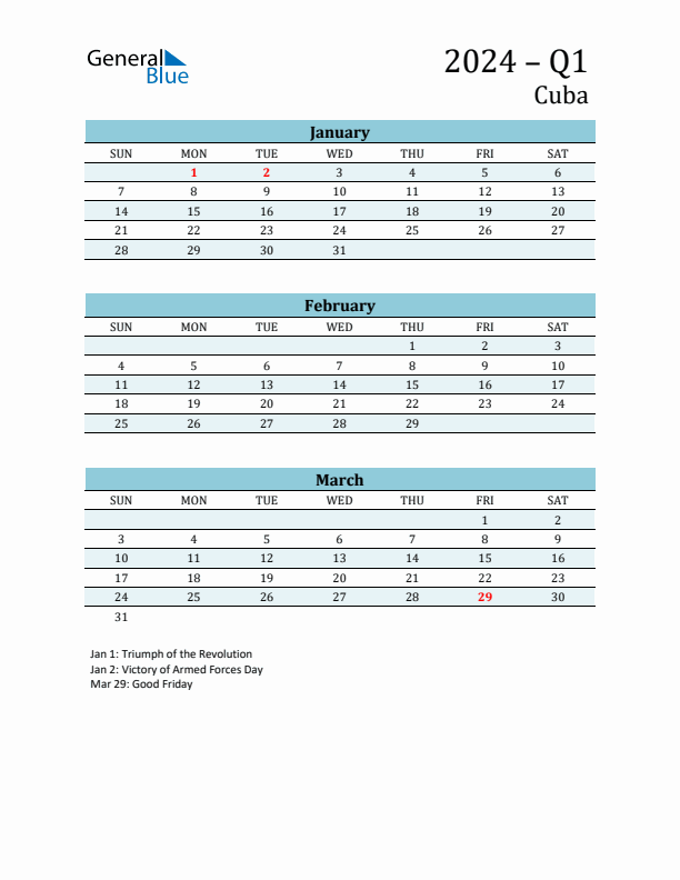 Three-Month Planner for Q1 2024 with Holidays - Cuba