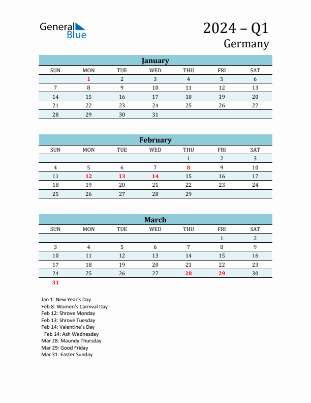 Three-Month Planner for Q1 2024 with Holidays - Germany