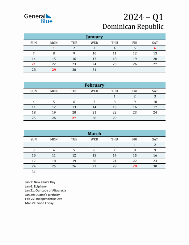 Three-Month Planner for Q1 2024 with Holidays - Dominican Republic