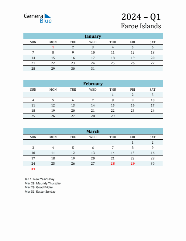 Three-Month Planner for Q1 2024 with Holidays - Faroe Islands