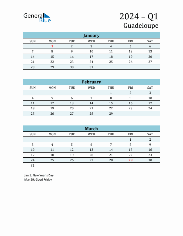 Three-Month Planner for Q1 2024 with Holidays - Guadeloupe