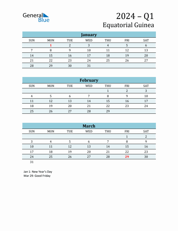 Three-Month Planner for Q1 2024 with Holidays - Equatorial Guinea