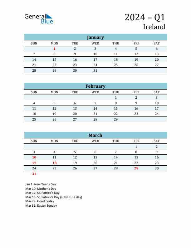 Three-Month Planner for Q1 2024 with Holidays - Ireland