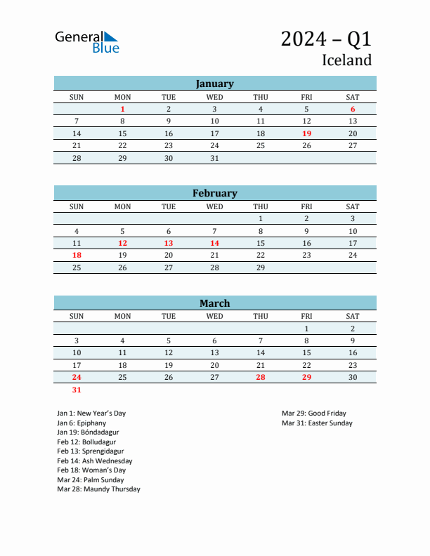 Three-Month Planner for Q1 2024 with Holidays - Iceland